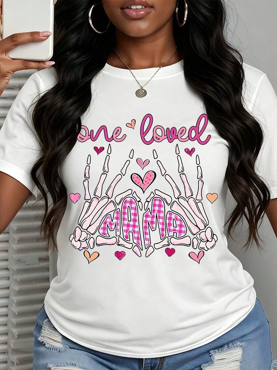 Mother's Day Women Plus Size Short Sleeve T Shirt Skeleton Hands Mama Pink Hearts Print Casual Wear - trắng - Xem 1