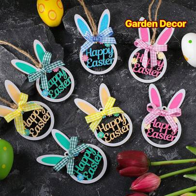 8pcs Easter Bunny Tree Ornaments, Designed With Easter Theme, Wooden Hanging Rabbit Decorations With Plaid Bow Ties And Hanging Strings - Adorable Spring Home And Garden Easter Decor