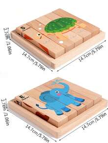 一套5块木制积木拼图游戏，4个面可以拼成不同的图案，培养孩子的逻辑思维和认知能力，木制早教拼图 - 彩色 - 查看 8