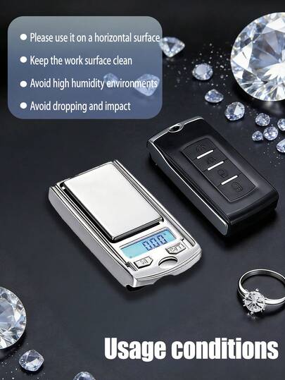 Mini Balança de Joias (1 unidade), Tamanho de Chave de Carro, Design em Aço Inoxidável, com Função de Couro, Tampa Preta Removível que Pode Ser Usada como Bandeja, Requer 1 Bateria de Botão CR2032 (Não Inclusa)