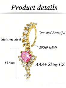 1颗粉色锆石心形鼻钉，时尚鼻饰，适合女性日常佩戴、派对和节日场合。 - 金色 - 查看 5