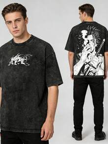 Men's Washed T-Shirt, Retro Anime Print T-Shirt.  Sukehiro X Black Bulls Black Clover Anime Double Printed Vintage Washed Tee Top Anime Graphic Soft Casual Graphic Tee Everyday Fity2k,Vintage,Streetwear,Outfits For Everyday Casual Wear, Anime-Themed Parties, Or Holidays - Black - View 2
