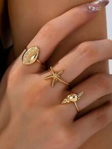 7 Pieces Of European And American Fashion Personality Minimalist Ins Style Alloy Geometric Multi Piece Set Women's Ring Jewelry, Minimalist Cross Ring, Women's Stackable Simple Ring Jewelry - Vàng - Xem 4