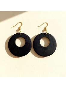 1 Pair Vintage Wooden Hollow Round Pendant Earrings - Black - View 2