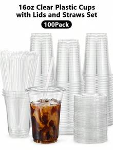 100pcs - 16oz Clear Plastic Cups With Lids And Straws, Durable Iced Coffee Cups With Lids, Disposable Plastic Iced Drink Cups For Cold Beverages - Transparent - View 8
