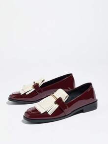 Sepatu Loafer Wanita Ujung Kotak Slip-On dengan Gesper Horsebit dan Dekorasi Rumbai untuk Pesta, Pernikahan dan Acara Formal - Burgundy - View 6