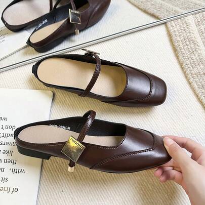 Solid Color Preppy College Style Buckle Office New Versatile Fashion Slip-On Leather Casual Party Shoes, Lightweight Minimalist Comfortable
