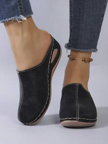 Women's New Round Toe Casual Slip-On Wedge Heel Loafers - Black - View 5