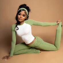 American Casual Sports Suit Basic Contrasting Color Long-Sleeved T-Shirt Waist Trousers Fitness Three-Piece Set, Conjunto De Dos Piezas Mujer - 綠色 - 查看 1