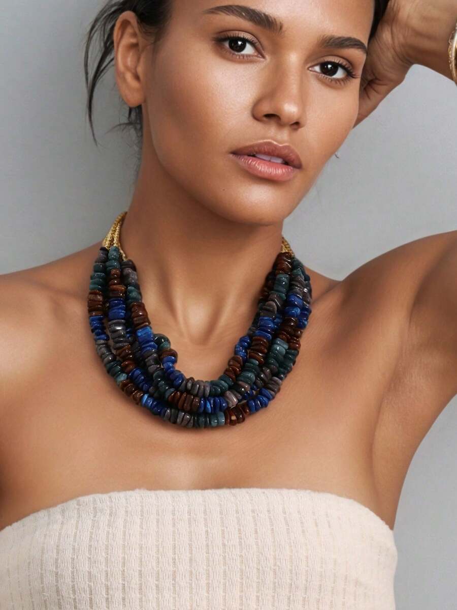 Collar de cuentas multicapa retro, combinación de cuentas de oro lujosa, cadena de clavícula con broche OT, diseño único con piedras dispersas, collar de atmósfera versátil - Cuentas de guijarros de colores - Ver 1