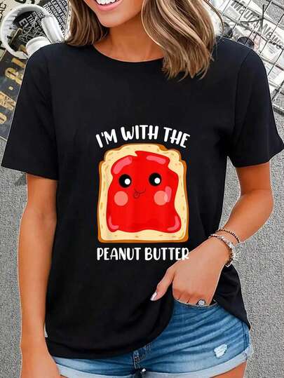 100% Cotton Couple Peanut Butter And Jelly I'm With The Peanut Butter T-Shirt Women's Vintage Relaxed Fit Tee Premium Soft Tops Printing Round Neck Fashion Shirts