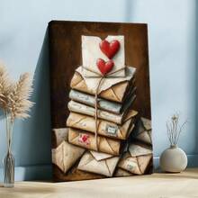 1 pieza Arte de pared Amor, Love You, Regalos de Galentines, Cuadro de lienzo enmarcado, Póster vintage, Pila de sobres, Corazón rojo, Atado con cuerda - Vintage, Acuarela, Estilo pincelada expresiva, Regalo ideal, para sala, recámara, oficina, incluye accesorios - Lienzo enmarcado, Vertical - Lienzo enmarcado - Ver 3