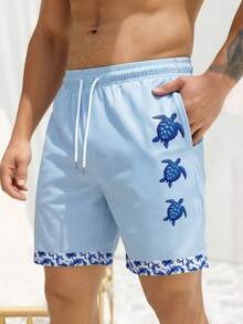 男士休闲海龟印花抽绳腰华夫格沙滩短裤，夏季 - 彩色 - 查看 3