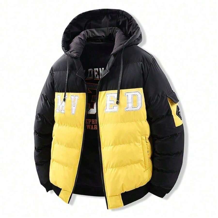 Abrigo de plumón de doble cara para hombre, bordado, grueso, corte holgado, con capucha desmontable con cremallera, chaqueta de invierno, diseño color block, tipo puffer, cálido, resistente al viento, ligero, cómodo, ideal para deportes al aire libre, estilo casual y moderno. - Negro - Ver 1