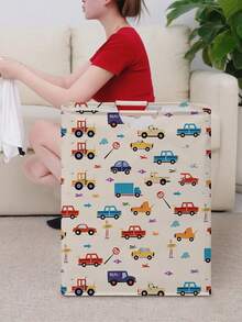 1pc Foldable Storage Basket With Car Print, Collapsible Laundry Hamper Bag With Wooden Handle, Home Bathroom Dirty Clothes Storage Bin - Multicolor - View 6