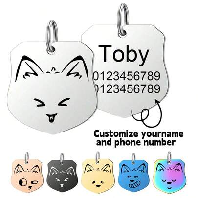 Etiqueta de identificación personalizada para mascotas, con capacidad de grabar nombre y número de teléfono. Diseño con forma de perro lindo, hecho de acero inoxidable, etiqueta antiextravío para mascotas, adecuado para perros. Etiqueta de identificación personalizada para mascotas con expresión linda, con nombre y número de teléfono grabados, etiqueta antiextravío de varios colores para perros