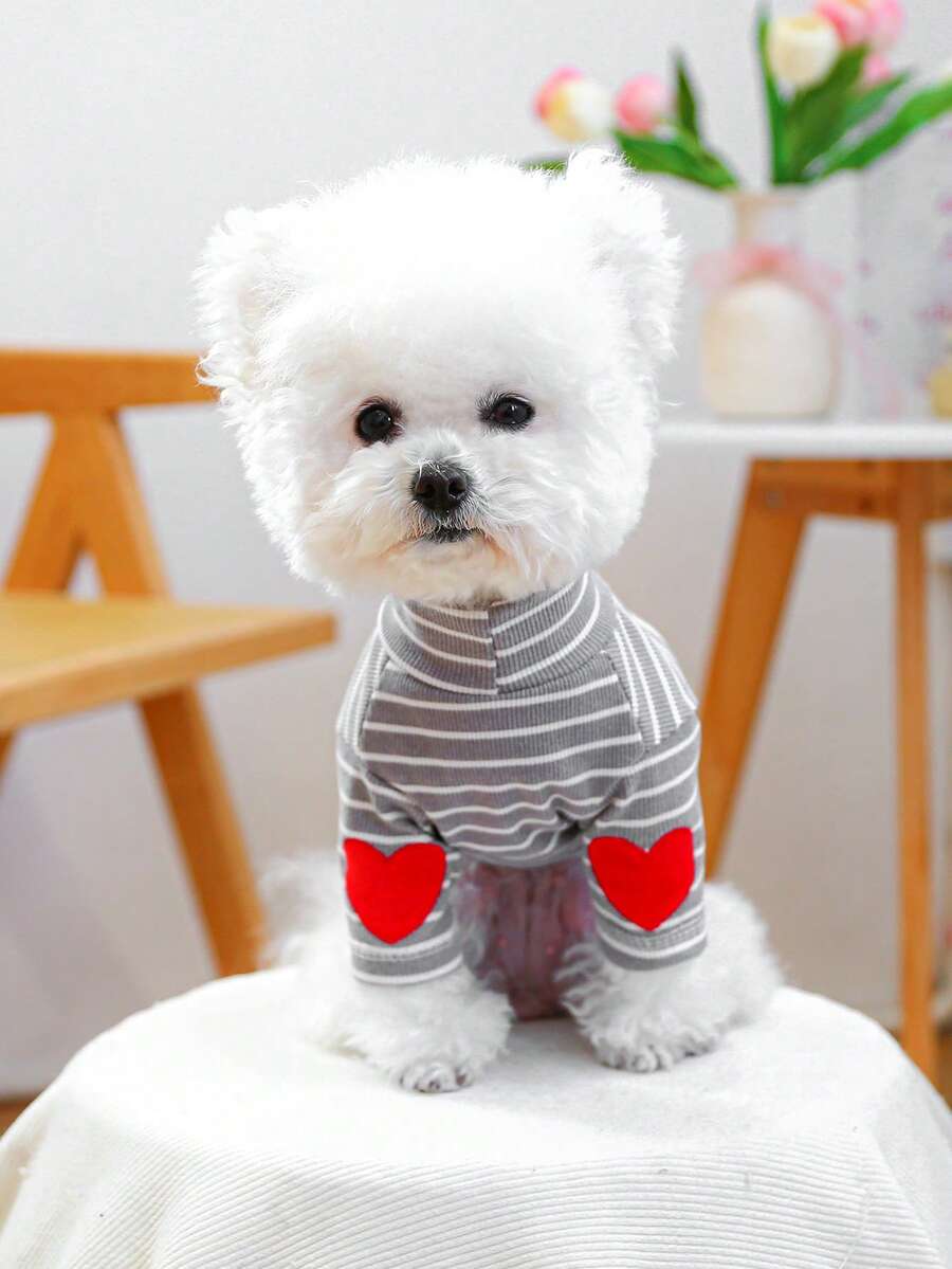 PETCIRCLE 1pc Pet Clothes, Casual & Fashionable Cute Cozy Warm Puppy/Kitten Sweater, Poodle/Teddy/Small Dog Outfit - Gray & White Stripe - Multicolor - View 1
