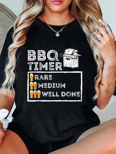 100% Cotton BBQ Timer - Funny BBQ Smoker Barbecue Grilling T-Shirt Women's Vintage Relaxed Fit Tee Premium Soft Tops Printing Round Neck Fashion Shirts