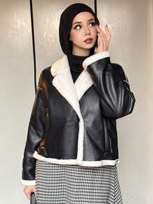 DAZY Women's Contrast Color Faux Shearling Jacket, Autumn/Winter Leather Jacket Women Coats - Black - View 4