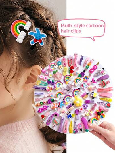 28pcs/Set Cute Pink Hair Clips Combo, Featuring Diverse Adorable Designs Like Rainbow, Fruit, Flowers, Vibrant Colors - Suitable For Girls, Ideal For Daily Styling, Parties, Photo Shoots, Accessorize With These Fun & Colorful Small Decorations