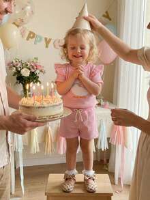 2Pcs Silly Goose Baby Clothes Toddler Girl Summer Birthday Outfit Embroidery Bow Animal Short Sleeve T-Shirts And Waffle Stripe Shorts Set - Pink - View 2