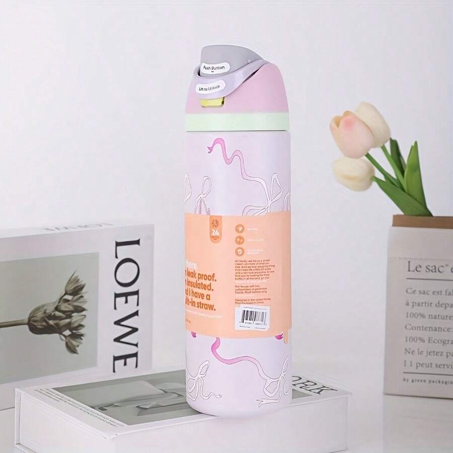 24oz /32oz Stainless Steel Insulated Water Bottle With Straw, Portable Coffee Mug Suitable For Hot & Cold Drinks, Fitness And Cycling Water Bottle, Leak-Proof Lid Travel Cup For Camping, Hiking, Driving, Outdoor Activities - 粉紅色領結 - 查看 1