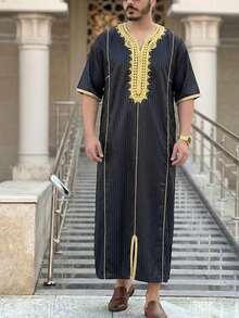 摩洛哥式 Jallabiya 男士穆斯林長袍，短袖刺繡條紋設計，傳統男裝，節慶派對祈禱袍 - 黑色 - 查看 1