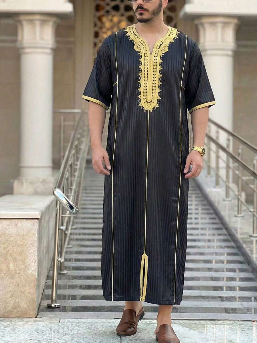 摩洛哥式 Jallabiya 男士穆斯林長袍,短袖刺繡條紋設計,傳統男裝,節慶派對祈禱袍 - 黑色 - 查看 1