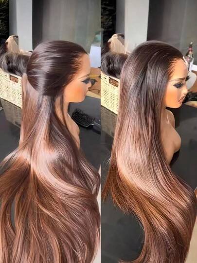 28 Inch 13x4 Ombre Brown HD Lace Front Wigs Straight Wig Human Hair Pre Plucked Wig Human Hair 13x4 Frontal Lace Wigs 180% Density Virgin Glueless Wigs For Women With Natural