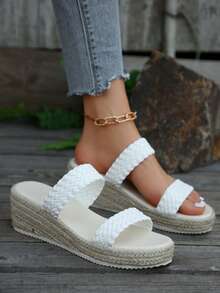 女士经典时尚休闲优雅舒适沙滩度假波西米亚风百搭轻便坡跟编织草编凉鞋，多种颜色可选 - 白色 - 查看 8
