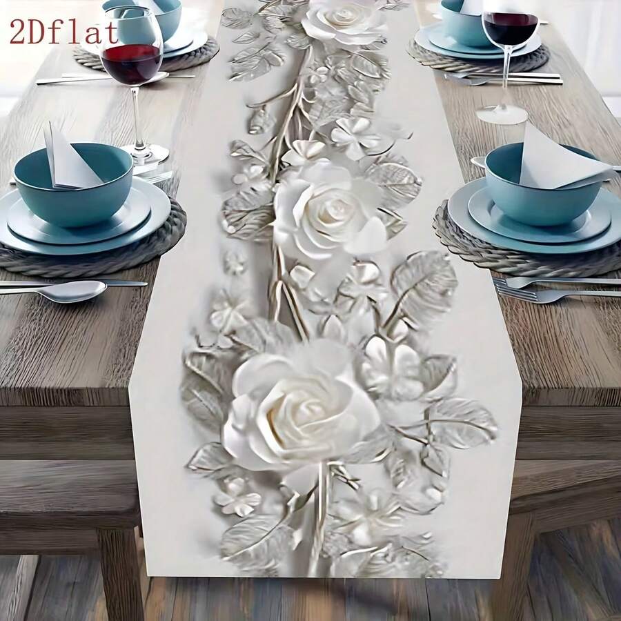 1PC 2D Flat Elegant Floral Print Table Runner - White/Grey Rose Pattern, Restaurant Decor - Durable Polyester Fabric Party Decor Tablecloth Home Decor Spring Home Decor Mantel Para Comedor Centros De Mesa - 13x72 英寸 - 查看 1