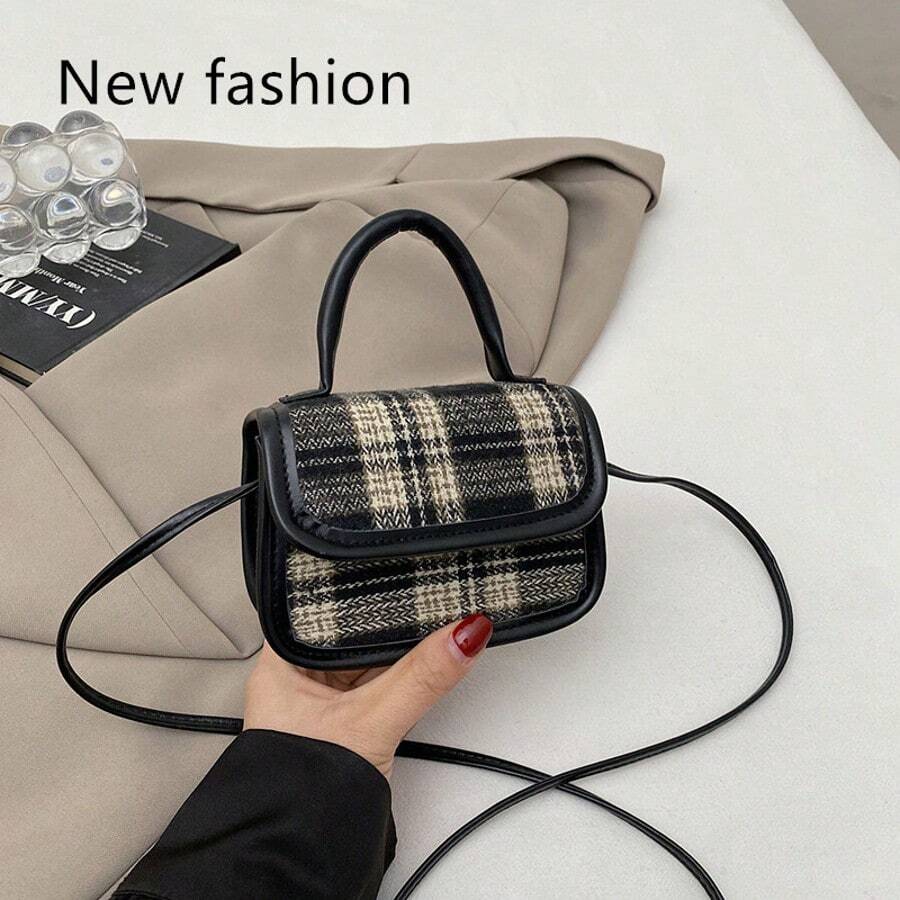 复古高端女式手提包 新款小方包 复古小众设计 多功能通勤单肩斜挎包 - 黑色 - 查看 1