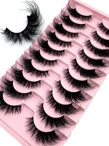 10对3D蓬松貂毛假睫毛，D卷翘猫眼假睫毛，自然纤细黑色睫毛杆，可重复使用，日常佩戴 - 黑色 - 查看 3