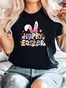 Happy Easter 2026 Cute Bunny Rabbit Easter Day Women Girls-Shirt - Black - View 8