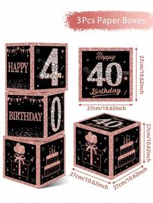 3 Stück/Set Rosa & Schwarz 40. Geburtstag Papierboxen, 16./21./30./40./50./60. Geburtstags Party Deko, 16/21/40 Jahre alt Zubehör, Glücklicher Geburtstags Party Dekoration, Heim Party Zubehör Hintergrund Dekorative Boxen, Party Hintergrund Deko, Fotografie Requisiten, Überraschungs Geschenkverpackungs Boxen - Schwarz Rosa - Übersicht 11