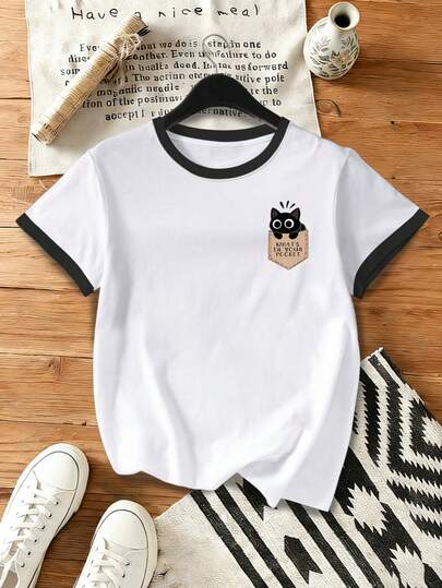 Women's Soft Milk Silk Patchwork Short Sleeve T-Shirt, Cute Cat Print On Chest, Women's Round Neck Comfortable Casual Sports Patchwork Sleeve Short Sleeve T-Shirt, Spring/Summer Short Sleeve, Women's Patchwork White Top, Holiday Gift, Gift For Her