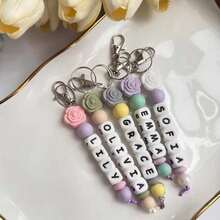 Personalized Keychain, Custom Name Keychain | Silicone Bead Keychain | Rose Flower Keychain, Backpack Keychain | Handmade Gift, Valentine's Day Gift - Multicolor - View 2