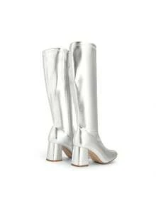 Women's Gogo Boots Square Toe Chunky Fashionable  Casual Simple Knee High Boots - Silver - View 8