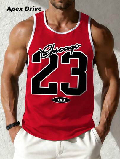 男士复古风数字印花无袖运动背心