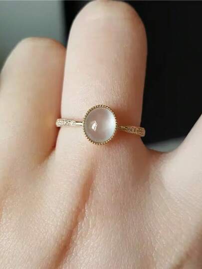 1pc Birthday Gift! Women's Open Ring, Featuring A Rounded Synthetic Cubic Zirconia Stone Encircled By A Delicate Band With Accents Of Cubic Zirconia And Textured Detailing, Giving A Soft Moonlight And Luxurious Feel When Worn On The Finger