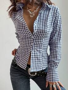 GLOpass 复古撞色格纹收腰衬衫，适合通勤、休闲外出、派对穿着 - 藍白色 - 查看 3