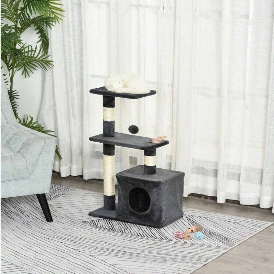 Centro de Actividades para Gatos Negro con 3 Plataformas, Cueva Gris y Postes de Sisal | Estructura Multifuncional 50x30x80 cm | Apartamento, Rascador y Zonas de Descanso - Negro - Ver 1