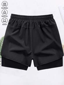 1 chiếc quần short thể thao nam dài 3/4, có lớp lót bên trong, kiểu dáng boyfriend, nhanh khô, phù hợp cho tập luyện mùa xuân/hè và đi làm. - màu đen - Xem 3