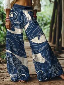 2026 Women's New Arrival Pink & Blue Patchwork Floral Plaid Pastoral Style Wide-Leg Elastic Waist Casual Pants - Rửa trung bình - Xem 3