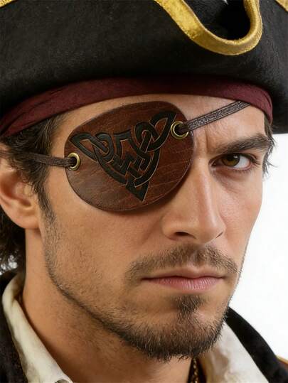 棕色仿皮眼罩 - 复古骑士海盗风格，万圣节服装配饰，适用于角色扮演和LARP道具