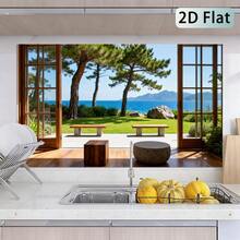 1张2D平面海景松林花园法式窗贴 | 自粘防油厨房防溅贴纸，亮面乙烯基材质，海景图案，55*100.0厘米 - 款式1 - 查看 8
