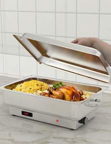 Set de buffet con bandeja eléctrica para chef, 2 bandejas de servicio y calentamiento de 4.5 QT, con pantalla digital de temperatura, bandeja de calentamiento de acero inoxidable para comida en fiestas y mesas de vapor para alimentos comerciales - Plateado - Ver 4