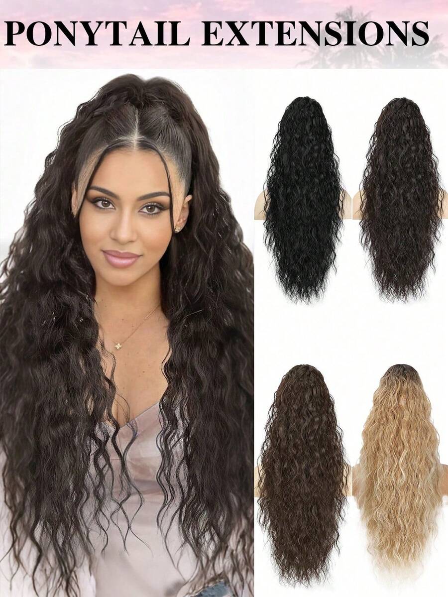 26英寸马尾假发，女士夹式马尾假发，合成长卷波浪夹式马尾假发，适合日常佩戴和派对场合 - 彩色 - 查看 1