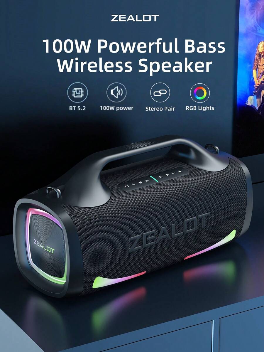 ZEALOT S79 100W 便携式无线音箱，配备 4 个低音炮，带来强劲低音和 3D 环绕立体声，支持移动电源功能，可为手机、平板电脑和电视充电，兼容 TF 卡、USB 和 AUX 音频输入。两个音箱串联可使音量翻倍，适用于汽车、户外、露营和派对等场合。