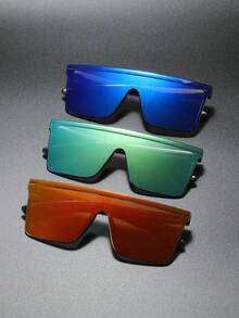 3pcs Y2K Style Fashion Mirrored One-Piece Lens Flat Top Sunglasses - Red Blue Green - View 1